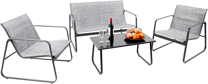4 Pieces Patio Furniture Set Outdoor Patio Conversation Sets Poolside Lawn Chairs with Glass Coffee Table Porch Furniture for Courtyard, Garden and Balcony (Grey)