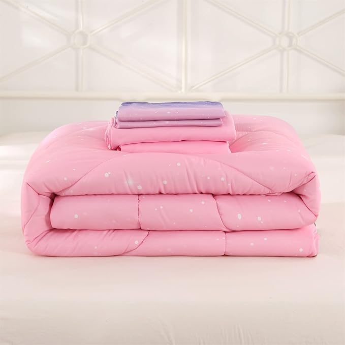 Wowelife Pink Bedding Set Twin Comforter Set for Girls 5 Pieces Glitter Galaxy Comforter Set Purple Rainbow Twin Bedding Set with Sheets Comfortable and Breathable for Kids