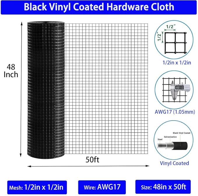 Hardware Cloth 1/2inch Black Vinyl Coated Wire Mesh 48" x 50' Welded Wire Fencing AWG17, PVC Coating Chicken Wire Fence,Welded Wire Mesh Roll for Garden Guard Fence Poultry Cage Net Fencing
