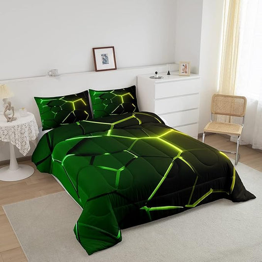 Honeycomb Comforter Green Yellow Hexagonal Print Bedding Set for Kids Boys Girls Children Beehive Geometrical Comforter Set Ultra Soft Decor Reticulated Duvet Set Queen Size