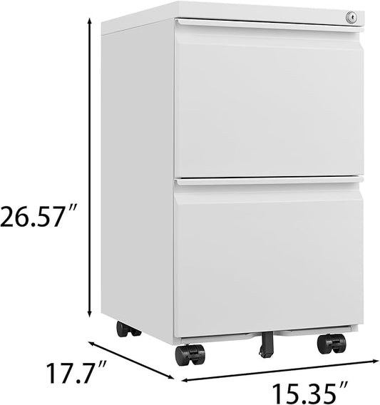 2 Drawer Mobile Lock and Casters,Pre-Assembled Metal Office Storage Filing Cabinets w/Anti-Dumping Fifth Round,for Letter/Legal/A4 Size,White