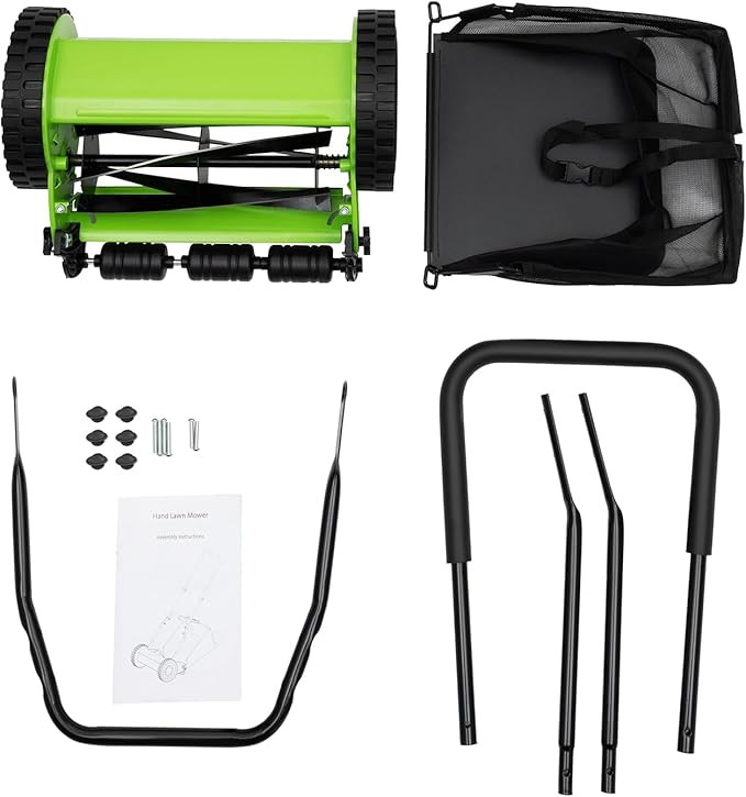 12In Manual Lawn Mower with 6-Gal Grass Catcher 5 Manganese Steel Blades Adjustable Height Rust-Proof Push Reel Lawn Mower for Gardens, Yards, Parks