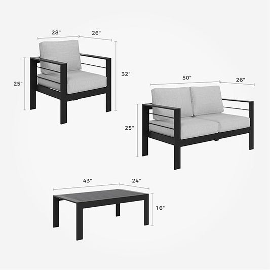 Solaste Outdoor Aluminum Furniture Set - 4 Pieces Patio Sectional Chat Sofa Conversation Set with Table,Black Frame and Grey Cushion