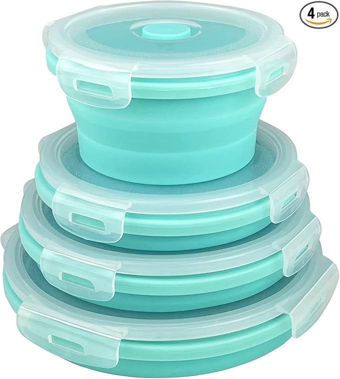 Guyuyii Collapsible Bowls with Lids 4 PC Food-Grade Silicone BPA-Free | Round Nesting Set for Camping, RV Travel, Kitchen Storage | Easy Cleaning, Compatible with Freezer, Microwaves, Dishwashers