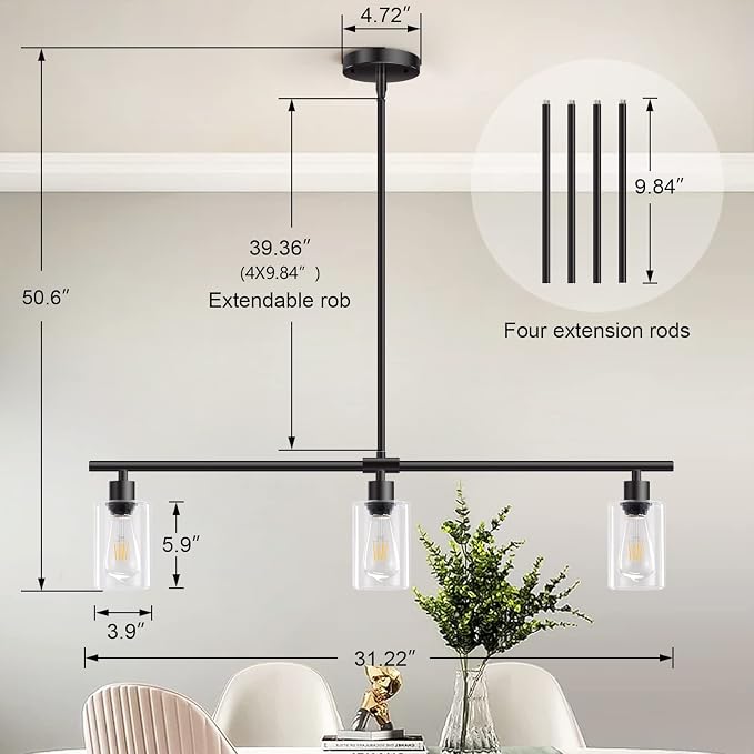 Kitchen Island Lighting, 3 Lights Linear Chandeliers Rectangle Pendant Light Fixtures for Dining Room Farmhouse Hanging Light with Glass Shades(Black)