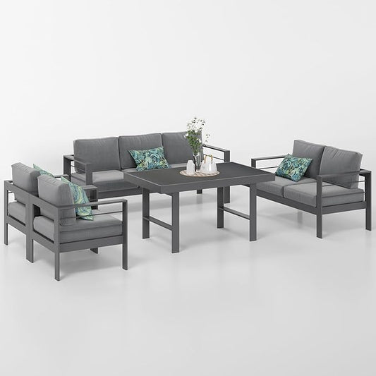 Solaste Aluminum Patio Furniture Set,5 Pieces Modern Outdoor Conversation Set Sectional Sofa with Upgrade Cushion and Dining Table, Grey