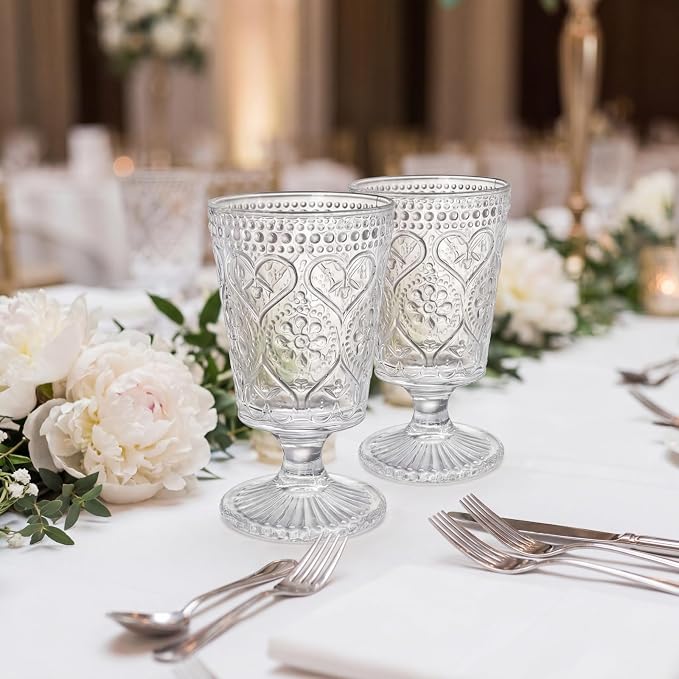 ZAVOOS Set of 6 Clear Glass Goblet, 12 Oz Vintage Romantic Wine Glasses | Embossed Floral Glass Cups Set, Bar Tumbler Drinking Glassware for Iced Tea, Wine, Beer, Juice, Cocktail, Whiskey