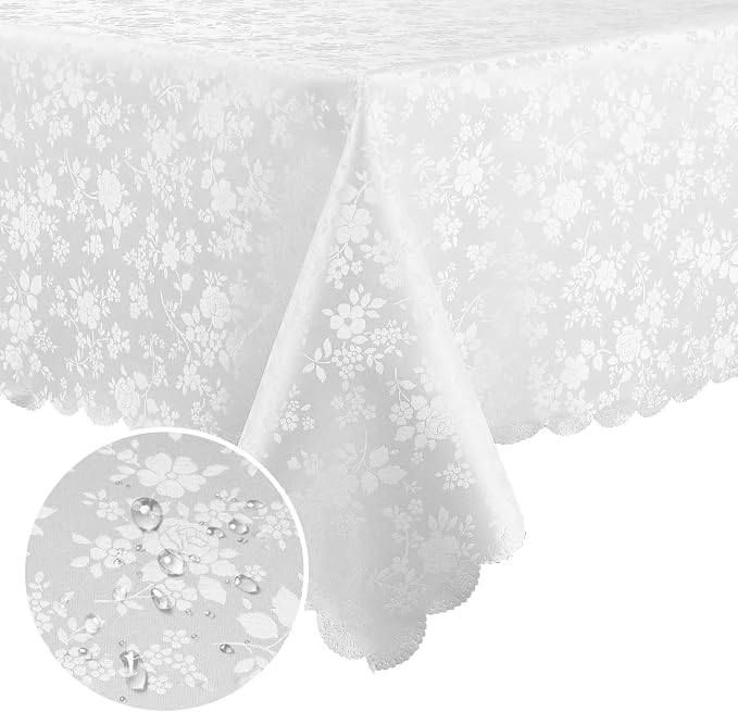 Smiry Rectangle Waterproof Heavy Duty Vinyl Tablecloths, 60 x 102 Inch | Wipeable Washable Floral Embossed Table Cover for Kitchen and Dining Room, Indoor & Outdoor Use, White