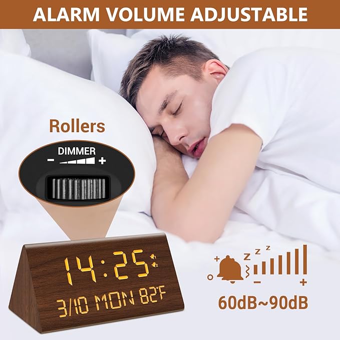 Kogonee Wooden Digital Alarm Clock, 0-100% Dimmer, 2 Alarm Settings, Weekday/Everyday Mode, 9 Mins Snooze, 12/24H, Temperature and Date Display for Office, Travel, Bedroom Alarm Clock (Brown)