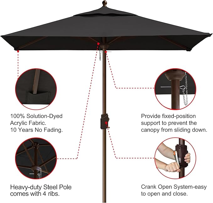 EliteShade USA 10-Year-Non-Fading Sunumbrella 6x6Ft Square Market Umbrella Patio Outdoor Table Umbrella with Ventilation(Black)