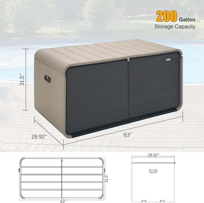 Domi 200 Gallon Resin Deck Box, Waterproof & UV-Resistant Outdoor Large Storage Box Lockable Storage Bin for Patio Cushions Pool Supplies Garden Tools and Delivery Storage