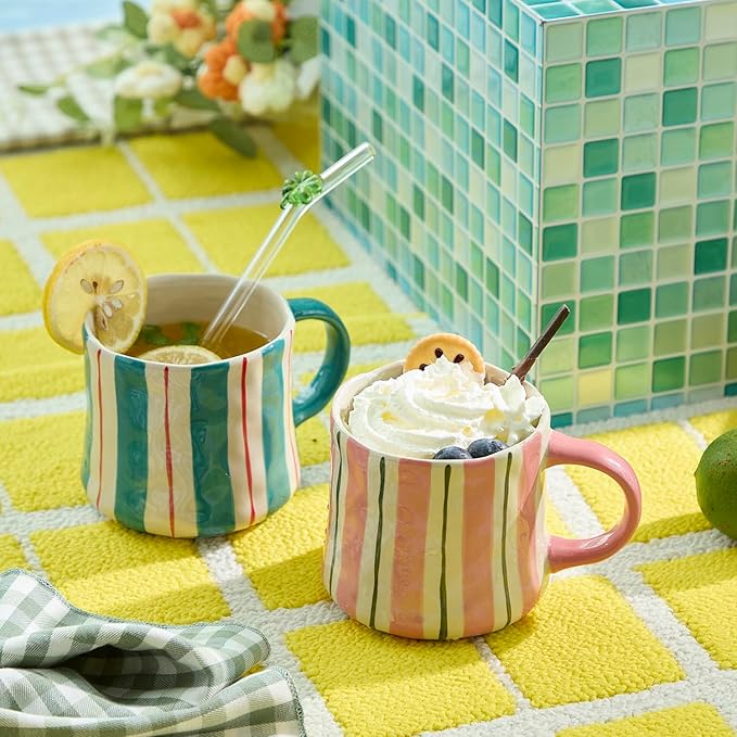 Striped Ceramic Coffee Mugs Set - 2 Pack, Pink & Green,Perfect for Morning Brew or Tea and Cocoa - for Coffee Lovers