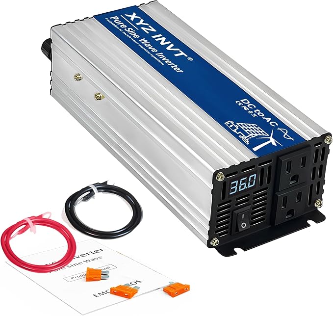 1000W Pure Sine Wave Power Inverter DC 36V to AC 110V/120V, 2000W Peak, Car/Truck Power Converter for Solar, Home, Vehicle & Rechargeable Devices with LED Display