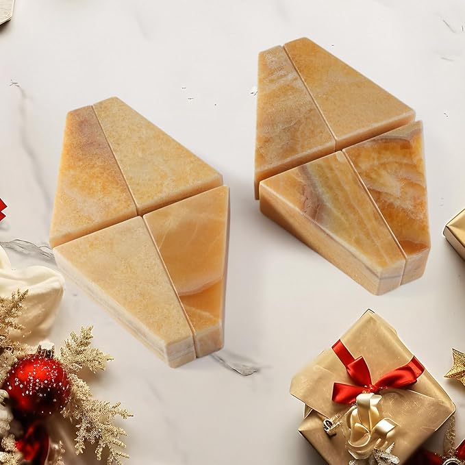Marble Bookend for Heavy Books, Decorative Bookends for Shelves, Durable and Heavy-Duty Book End for Hardback Book & CDS, Unique Stopper & Holder, Mexico Onyx, Set of 2