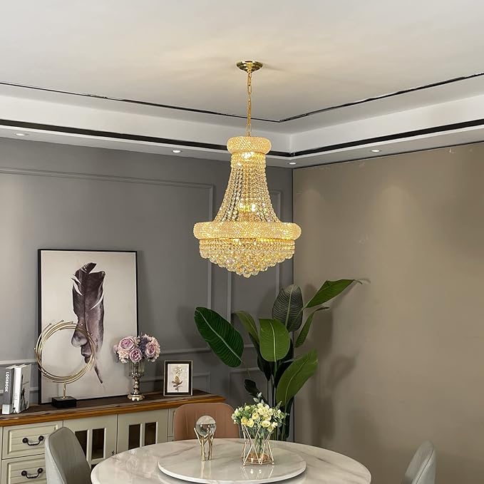 12 - Light Unique Empire Crystal Chandelier for Foyer Entryway Living Room Dining Room Bedroom Entryway Gold Finish