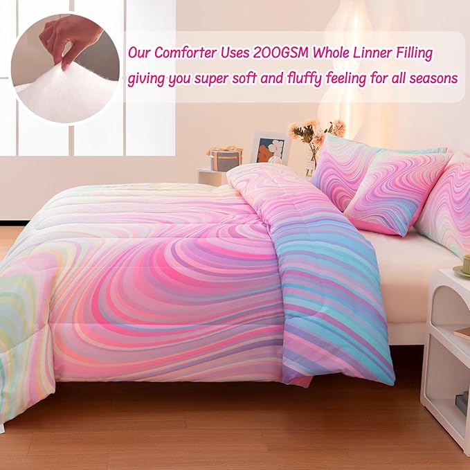 4 Pcs Pink Full Comforter Set for Girls, Tie Dye Superior Kids Teen Bedding Sets, Blue Pink Rainbow Full Size Bedding Set for Girls