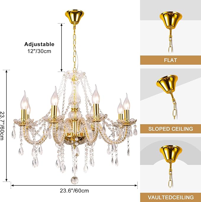 Modern Elegant 8 Lights K9 Crystal Glass Chandelier Golden Pendant Ceiling Lighting European Style for Dining Living Room Bedroom Transparent, 8 E12 Bulbs Required
