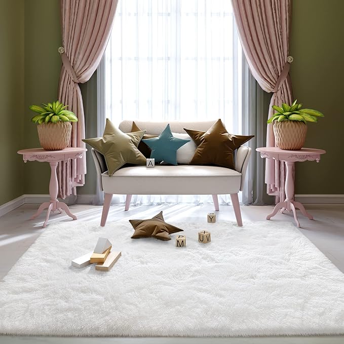 Super Soft Fluffy Shaggy Rugs 3x5 Feet for Living Room Bedroom, Fuzzy Plush Area Rugs for Girls Kids Room Nursery Home Decor, Furry Dorm Rug Cute Non-Slip Indoor Floor Carpet, Cream White