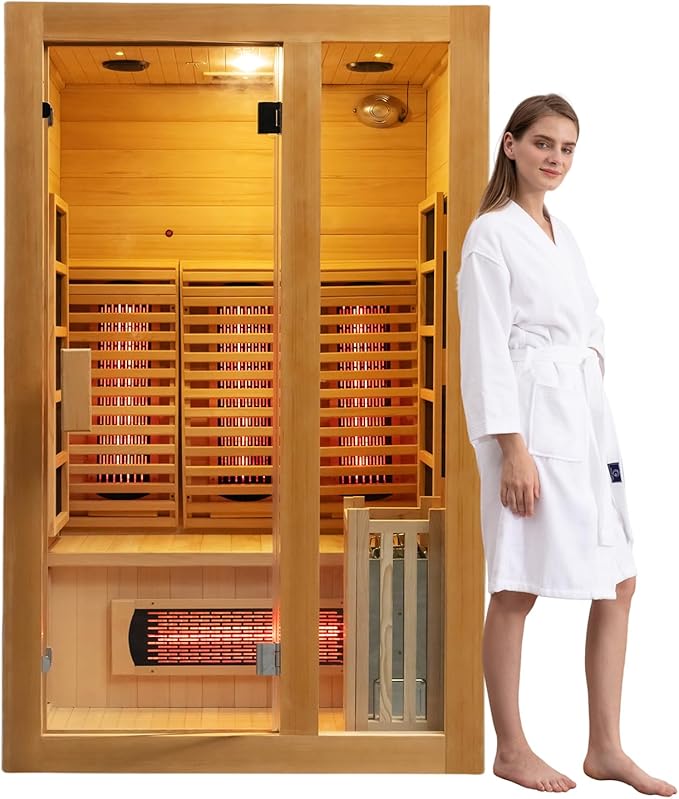 2-Person Far Infrared & Steam Dual-System Sauna Room, Hybrid Indoor Wooden Sauna with 3.5KW Heater, 6 Heating Elements and Heating Stove, Built-in Sound System, Oxygen Bar, 7-Color Lights,220V