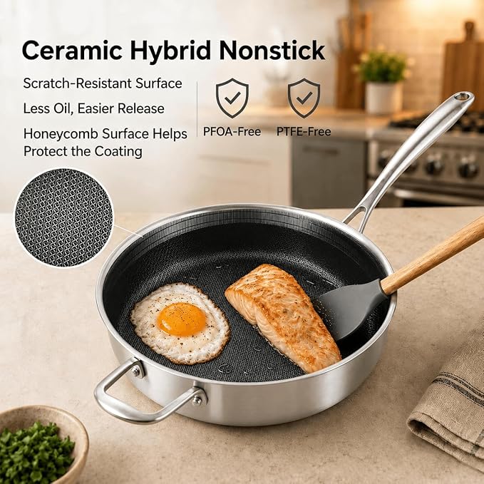 DELARLO Tri-Ply Hybrid Stainless Steel 10 Inch Saute Pan,3QT Chef Cooking Pan,Anti-Scratch,Compatible with All Cooktops,Oven Up to 660℉,Chicken Fryer,Dishwasher-Friendly(Detachable handle)
