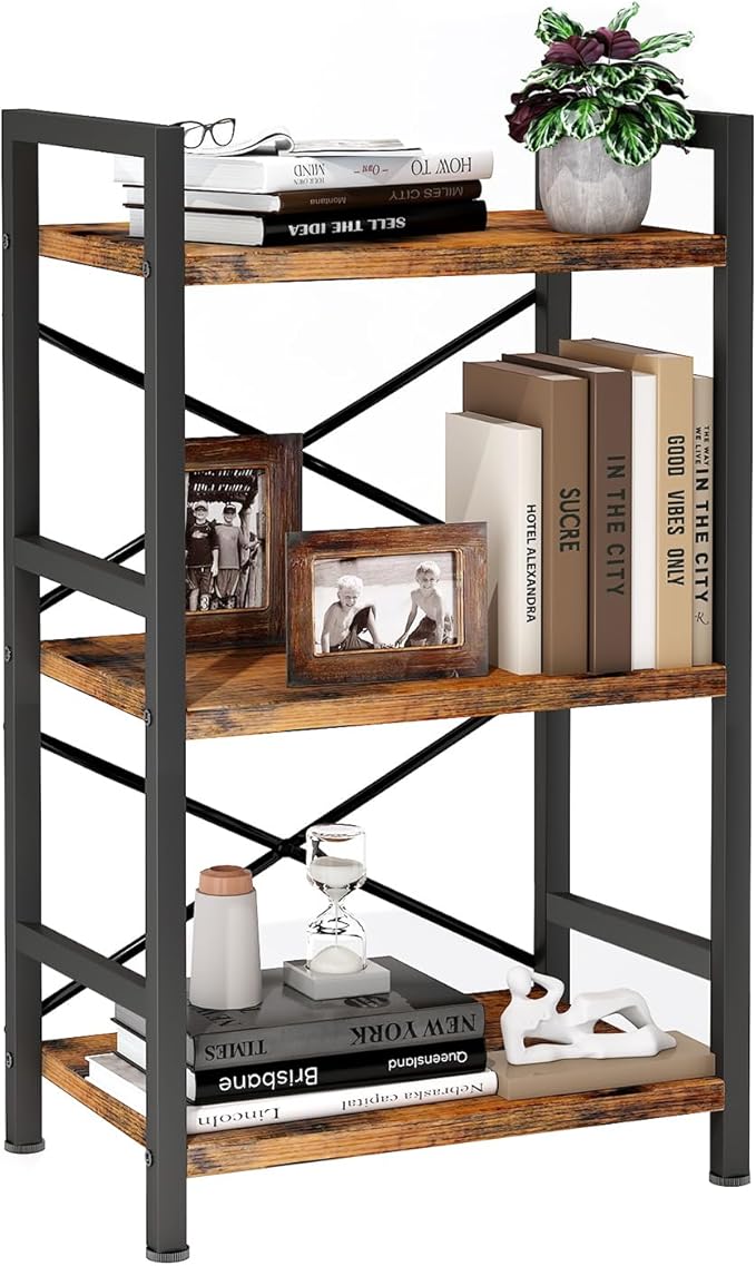 Bookshelf, 3 Tier Industrial Bookcase, Metal Small Bookcase, Rustic Etagere Book Shelf Storage Organizer for Living Room, Bedroom, and Home Office(Rustic Brown) Patent Pending D29873033