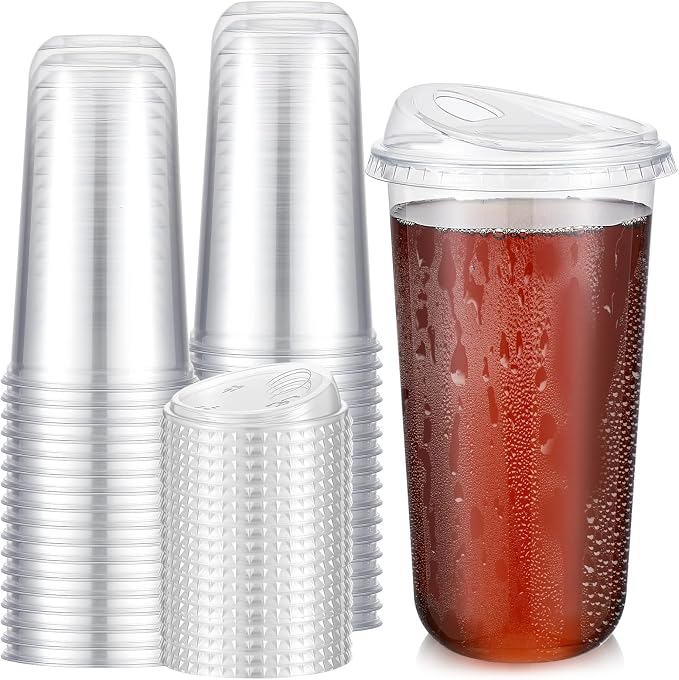 Ziliny 50 Sets Clear Plastic Coffee Cups with Sip Lids, Disposable Plastic PET Crystal Cups for Iced Coffee, Smoothie, Cold Beverage, Drink Shops and Party Catering(Clear,20 oz)