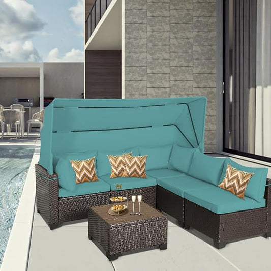 6 PCS Outdoor Patio Furniture Set,Sectional Sofa Set,Rattan Daybed with Retractable Canopy,Adjustable Backrest,Storage Coffee Table,Chaise Chair Sunbed for Garden Poolside Backyard(Walnut Green)