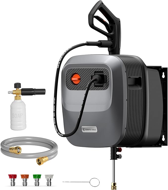 Giraffe Tools Grandfalls Retractable Pressure Washer G20B, 2500 PSI 2.2 GPM, Wall Mounted Power Washer with 65FT Hose Reel, Black Pressure Hoses, 4 Nozzles for Floor/Cars/Fences/Patios, Dark Silver
