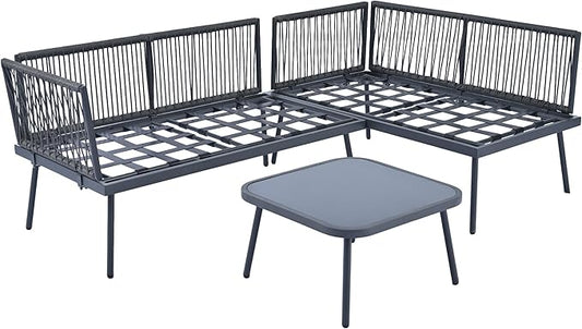 3-Piece Outdoor Patio Furniture PE Rattan Sofa Set, All Weather L-Shaped Sectional Couch with Removable Cushions and Glass Table, for Backyard Poolside Garden, Metal Frame, Onesize, Gray