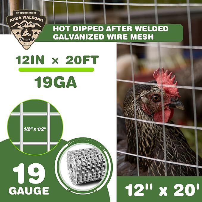 Hardware Cloth 1/2in 12'' x 20' 19GA ,Hot-dip Galvanized After Welding ,Chicken Wire Mesh,Chicken Coop Fence,Screen Mesh,Rabbit/Snake Fence,for Garden Poultry Animal Netting Cage