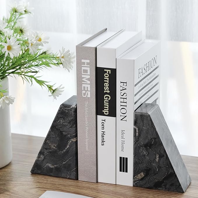Marble Bookends for Heavy Books, Decorative Book Ends for Shelves, Titanium Black Stone Durable and Heavy-Duty Book Ends for Hardback Books & CDS, Unique Book Stopper & Holder, Set of 2