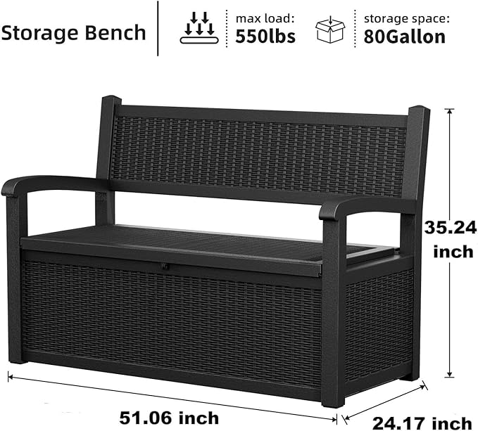 80 Gallon Outdoor Storage Bench Deck Box Waterproof Lockable,Outdoor Storage Furniture for Patio,Garden and Porch,Tools and Cushions(Black)