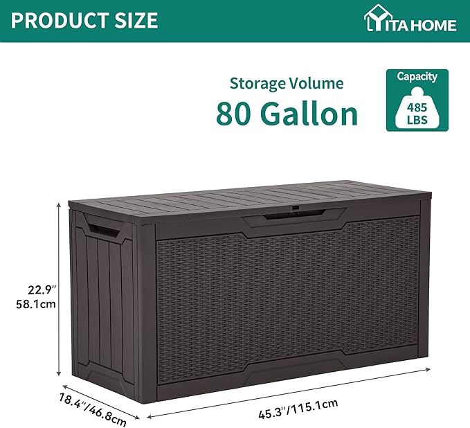 YITAHOME 80 Gallon Outdoor Storage Box, Large Water Resistant Resin Deck Box, Indoor Outdoor Lockable Rattan Storage Container for Patio, Garden, Cushions, Tools, Equipment (Dark Brown)