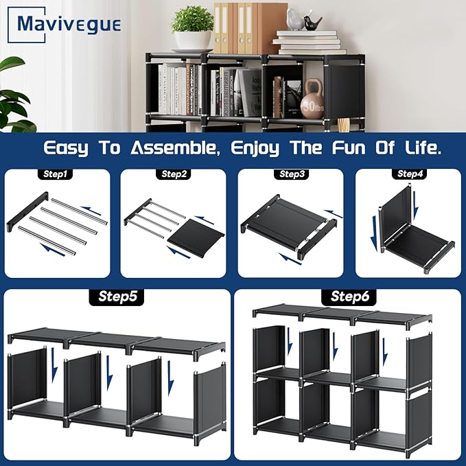 Mavivegue Book Shelf, 6 Cube Storage Organizer, DIY Bookcase, Metal Cube Bookshelf,Tall Book case for Bedroom, Living Room,Office,Closet Storage Organizer, Black Cubicle Storage Rack