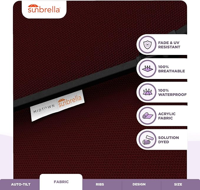 Midtown Umbrellas Sunbrella Umbrella 9 Feet Outdoor Umbrella With Burgundy Acrylic Fabric - Auto-Tilt Aluminum Frame Patio Umbrella For Backyard, Deck, Garden, Pool - Black Pole