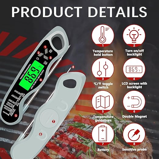 Meat Thermometer Digital,IP67 Waterproof Cooking Thermometer with Backlight, Calibration & Hold Function,Food Thermometer for Cooking,Outdoor Grilling,Suitable as Stocking Stuffers for Men