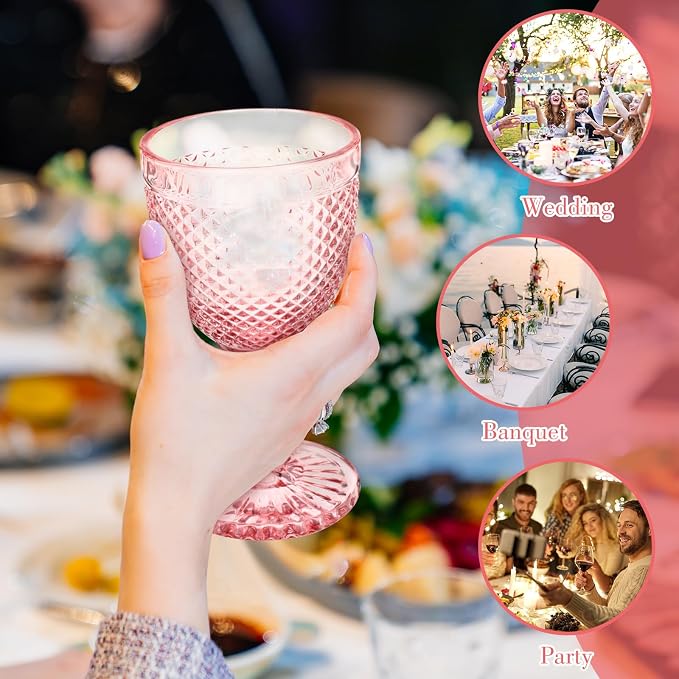 Bokon 6 Pack Pink Glass Goblets Set 10 oz High Clear Wine Glass Vintage Water Goblets Cups Embossed Diamond Design Glassware with Stem for Drinking Juice Liquor Party Wedding Bar