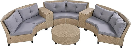 Outdoor 9 Pieces Patio Furniture Half Moon Wicker Sofa Sets, Fan-Shaped Curved Sectional Couch with Coffee Table and Gray Cushions, 1, Brown Rattan