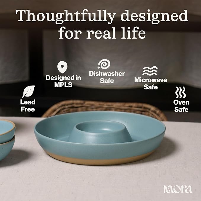 MORA Ceramic Chips and Dip Serving Tray: Large Divided Party Bowl Set for Chips & Salsa, Veggies & Dip, Fruit, Snacks, Entertaining, Hosting, etc. Minimalist Design for the Modern Hostess - Iris
