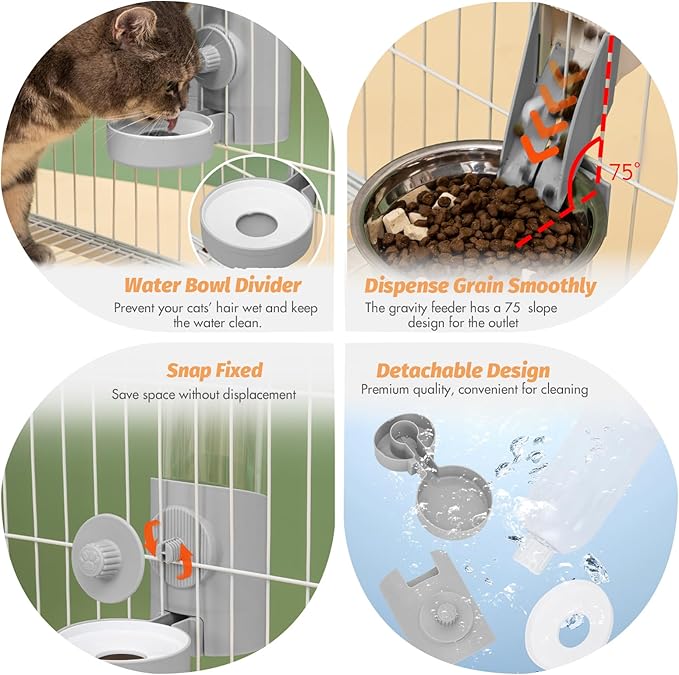 Yummy Sam Hanging Cage Automatic Small Pet Food Bowl Water Bottle Dispenser, Kennel 500ML Waterer and Auto Gravity Pet Feeder Set with Separate Food Bowl Crate Feeder Dish for Puppy Cats Rabbit (Grey)