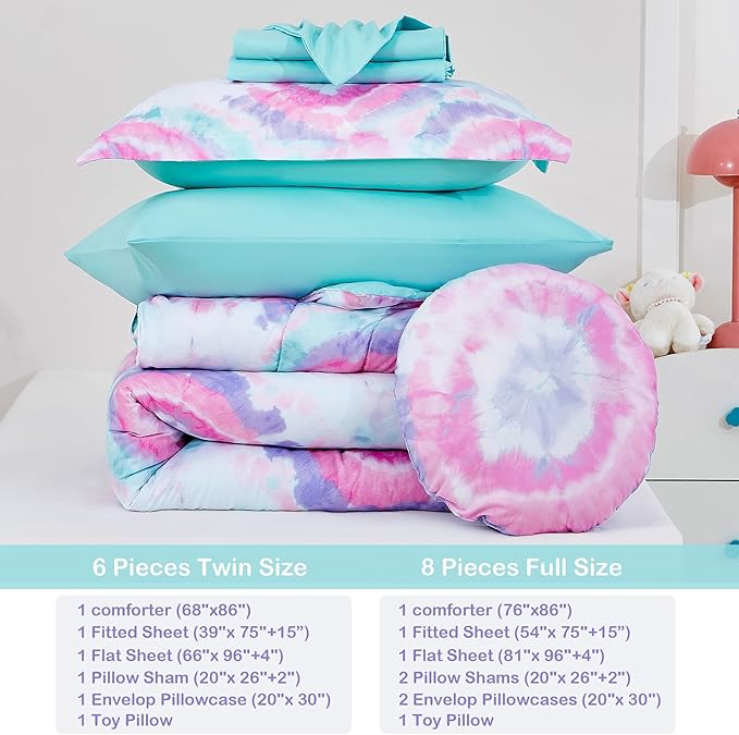 Mooreeke Tie Dye Kids Comforter Bed Set Twin Size for Girls, 6 Pieces Bed in a Bag with Shams, Sheet Set, A Toy Pillow Dark Pink Round Flower Twin Soft Microfiber Kids Comforter Bedding Set