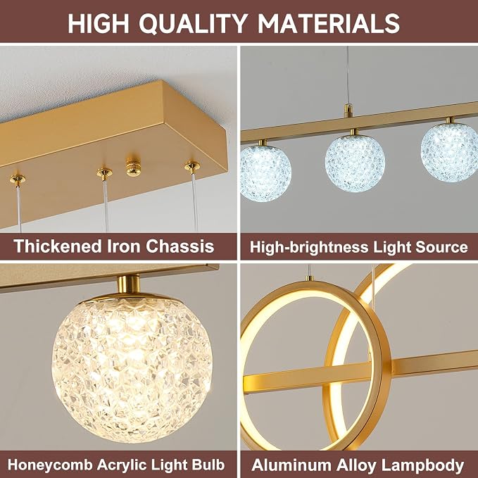 ORANOOR Modern Gold Chandeliers Pendant Light, 47in Dimmable LED Chandelier | Linear Gold Pendant Light for Kitchen Island Dining Room, 6 Globe Hanging Pendant Chandelier Lighting Fixture, 2 Rings 4200lm