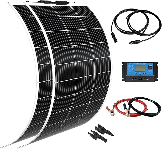Flexible Solar Panel kit 200W 12V,2PCS 105W monocrystalline Solar Panel,20A Charge Controller,Extension Cable,Y-Type Connector for Off Grid RV, Boat,Cabin,Home Uneven Surfaces (200W Solar KIT White)