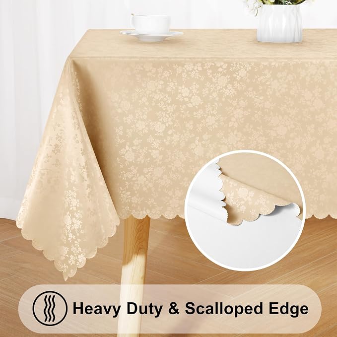 Smiry Rectangle Waterproof Heavy Duty Vinyl Tablecloths, 52 x 70 Inch | Wipeable Washable Floral Embossed Table Cover for Kitchen and Dining Room, Indoor & Outdoor Use, Champagne