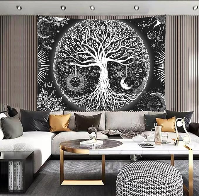 FORATER Tree of Life Tapestry Wall Hanging, Sun and Moon Aesthetic Wall Tapestry Black and White Tapestries Home Decor for Living Room Bedroom(53 x 61 Inch, Black and White)