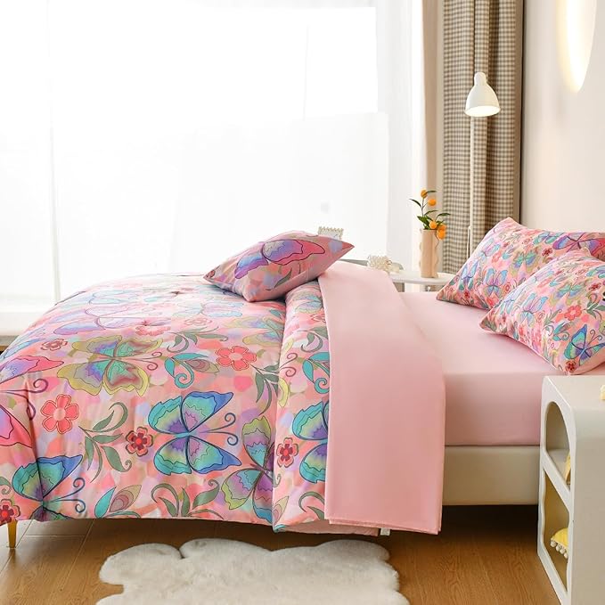Butterfly Bedding Set Full, Pink Butterfly Comforter Set for Girls Kids Teens 6 pcs Bed in a Bag Full Bedding Sets for Girls