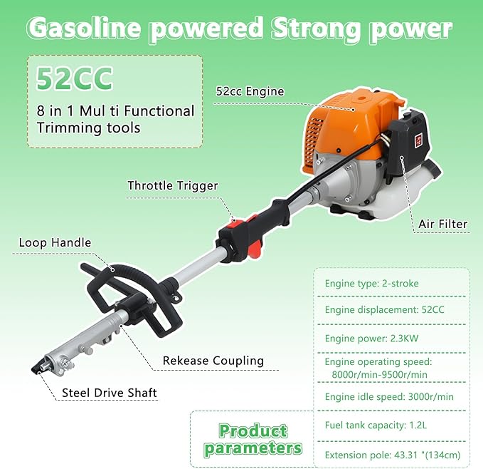 ๐ ๐ข๐ง ๐ Gas Weed Wacker, 52cc 2-Cycle Gas Weed Eater, 2025 Upgraded Weed Eater, 9500rpm High Power String Trimmer, Edger Pole Saw Chainsaw Pruner Brush Cutter for Yard, Garden(US Fast Arrival)