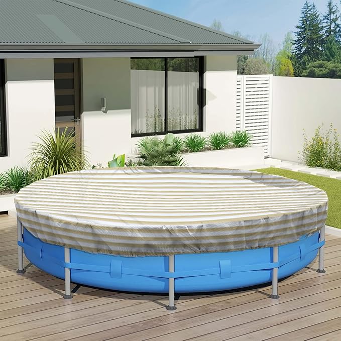 ECOOPTS 6 ft Round Pool Cover for Above Ground Pools, Swimming Pool Cover Protector Winter Safety Cover (Beige White Stripes)