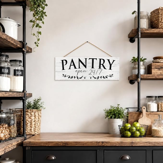1 KINGO Rustic Pantry Signs Wall Decor: Farmhouse Kitchen Wall Art 6" x 14.5" Canvas Print Decorative Plaque Wall Hanging Open 24/7 Sign for Pantry Dining Room Home Decor
