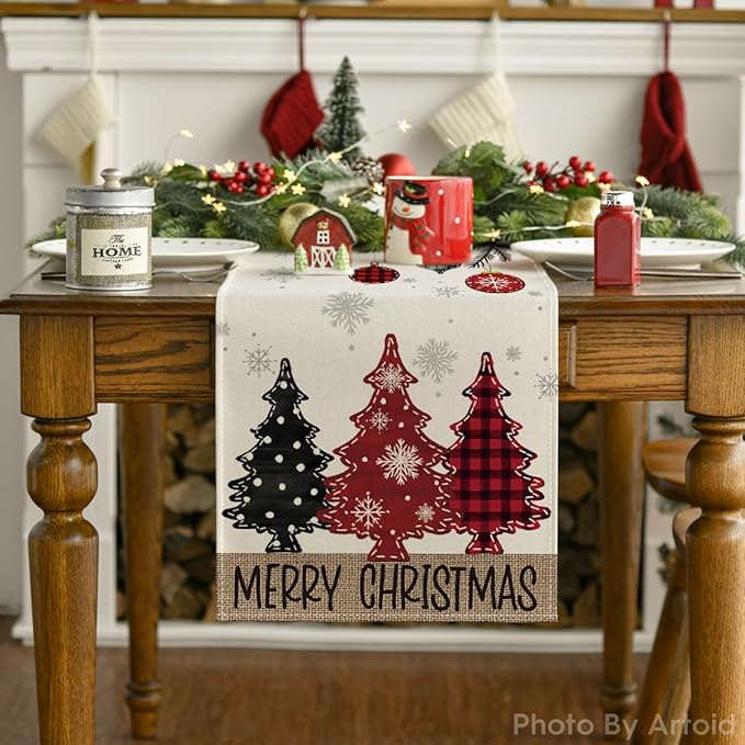 Artoid Mode Red Pine Trees Merry Christmas Table Runner, Winter Xmas Holiday Kitchen Dining Table Decoration for Home Party Decor 13x108 Inch